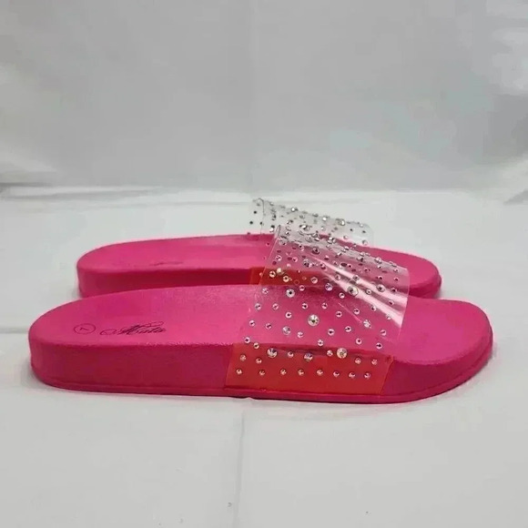 Mata Shoes - Mata Women's Rhinestones Clear Band Slide Sandals Hot Pink Size 7